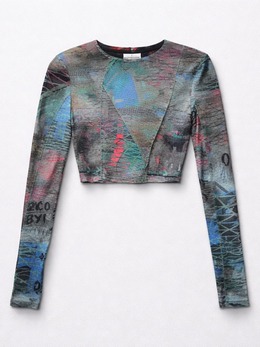 Pretty LittleThing Sheer Multicolor Graffiti Print Mesh Long Sleeve Crop Size 4